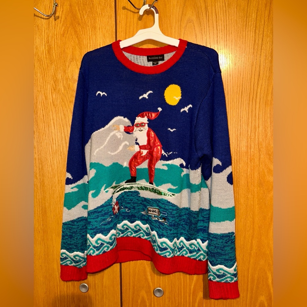 Blizzard Bay Santa Surfing Ugly Christmas Sweater XL